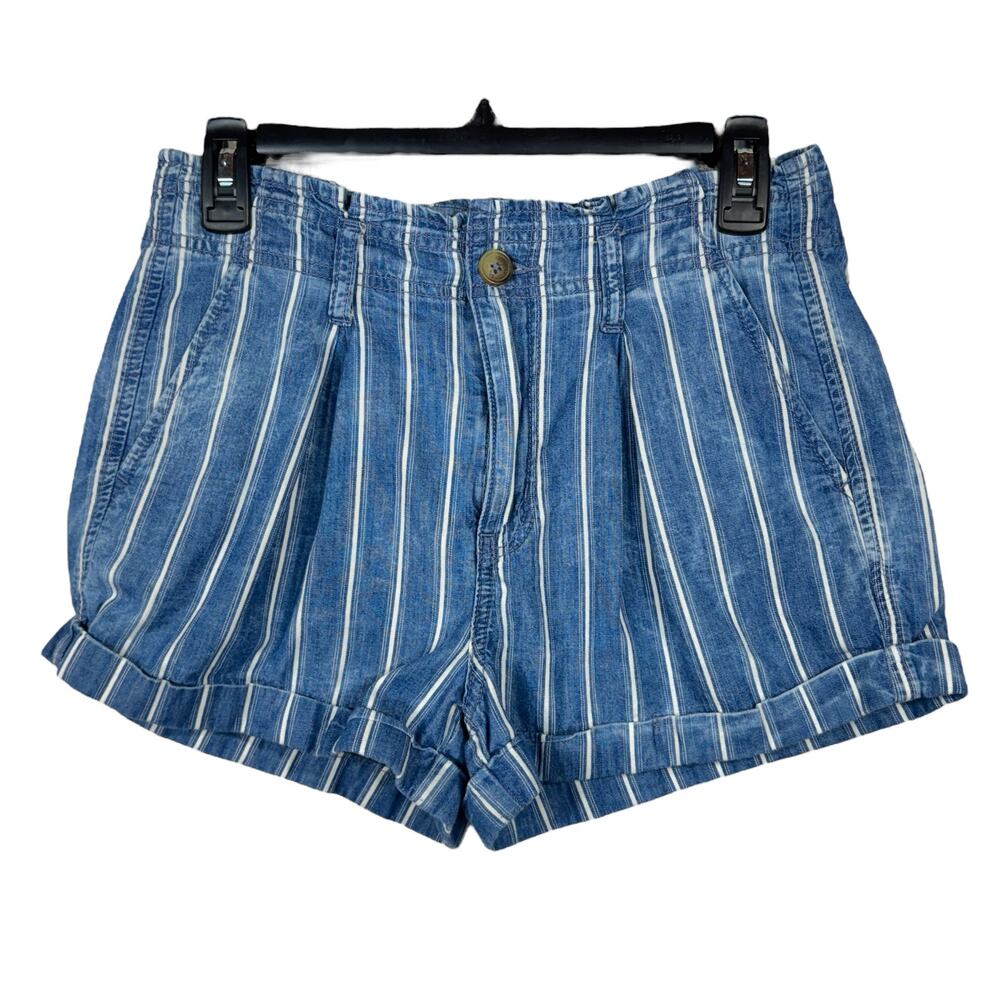 American Eagle SZ 4 Paperbag Jean Shorts Striped Cuffed Hi-Rise Pockets Pleated